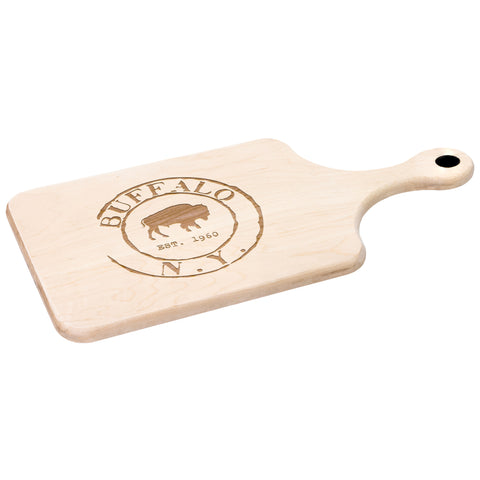 Image of Buffalo Vintage Stamp Hardwood Paddle Cutting Board, Charcuterie Board, Cheese Board with Handle | Buffalo Bills | Bills Mafia