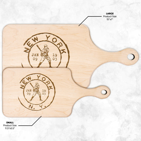 Image of New York Baseball Vintage Stamp Hardwood Paddle Cutting Board, Charcuterie Board, Cheese Board with Handle
